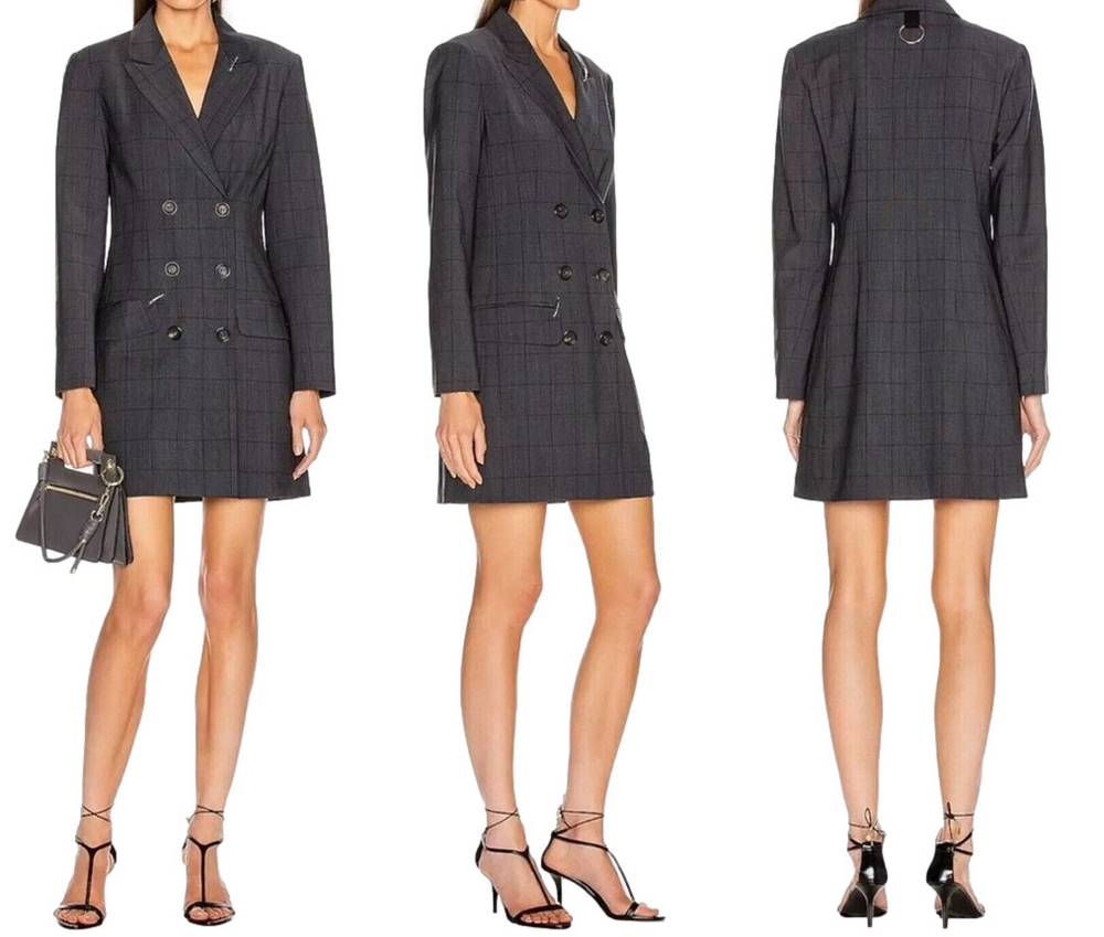 Tibi Women's Windowpane Blazer Dress Gray Check Wool Blend Pockets Lined Sz 0
